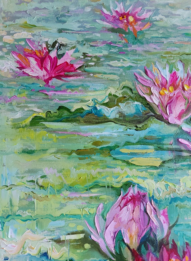 Water lily canvas painting, Monet water lilies wall decor, Claude monet pond, Water plant oil painting 27.6 by 19.7 image 2