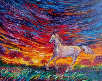 Wild horse sunrise ride Canvas painting North Dakota National Park Prairie landscape horse grass ash tree clouds sky