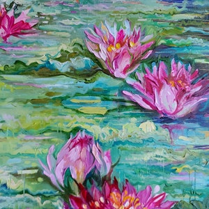 Water lily canvas painting, Monet water lilies wall decor, Claude monet pond, Water plant oil painting 27.6 by 19.7 image 6