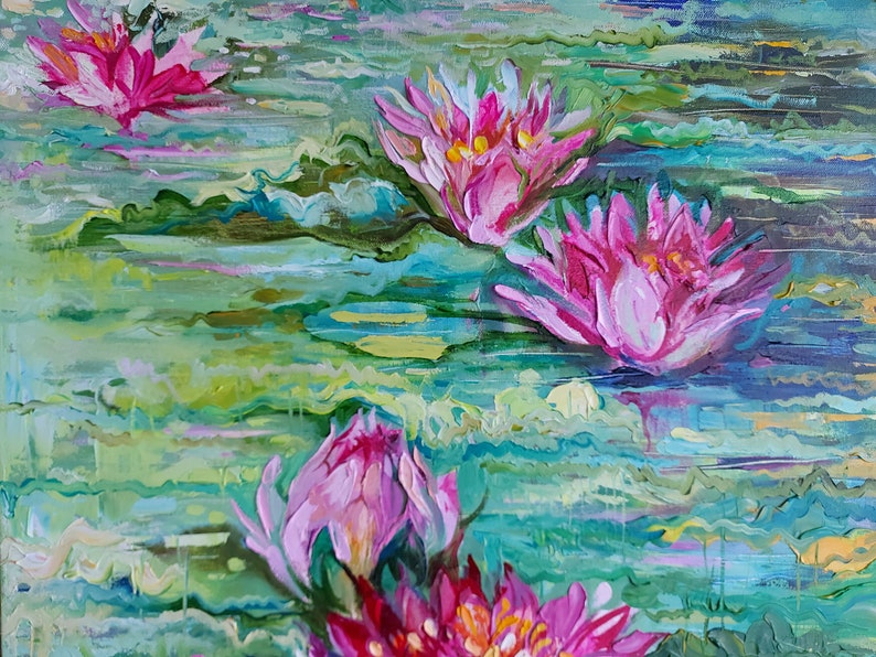 Water lily canvas painting, Monet water lilies wall decor, Claude monet pond, Water plant oil painting 27.6 by 19.7 image 6