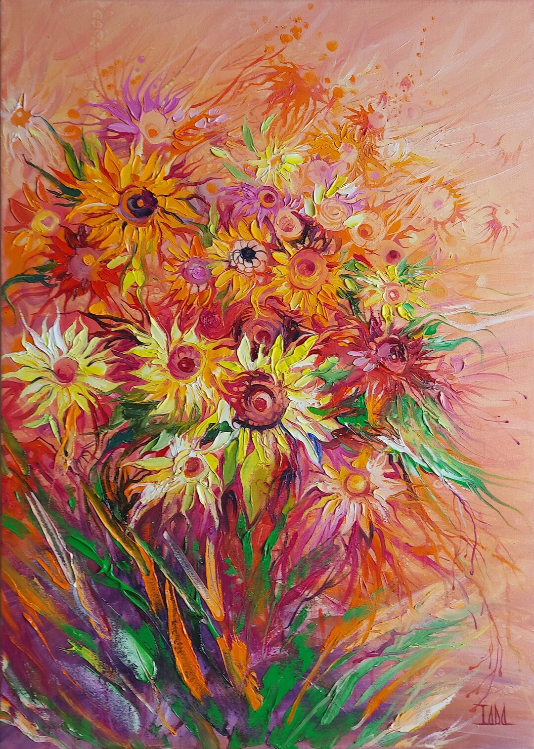 Sunflowers Oil Painting, Yellow Flowers Sunset Painting