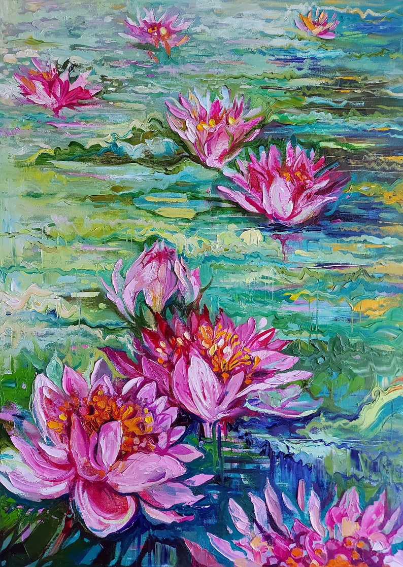 Water lily canvas painting, Monet water lilies wall decor, Claude monet pond, Water plant oil painting 27.6 by 19.7 image 1