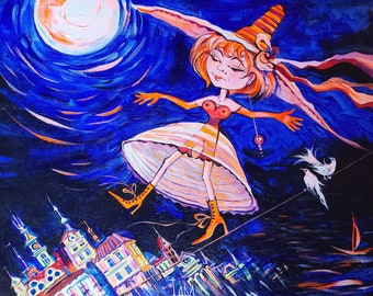 Anime girl canvas painting, Faery tale acrylic painting, City scape Moon light, Full Moon silent night, White doves night sky 15.7 "by 19.5"