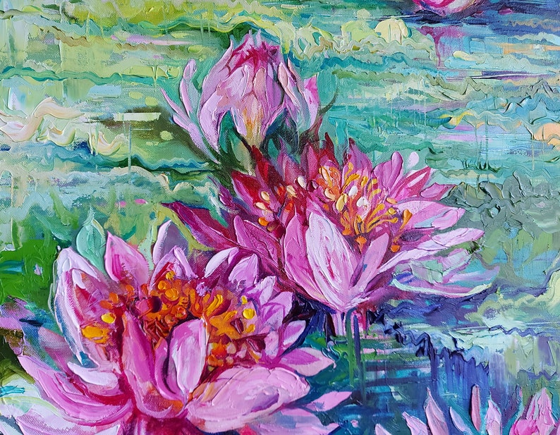 Water lily canvas painting, Monet water lilies wall decor, Claude monet pond, Water plant oil painting 27.6 by 19.7 image 4