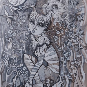 Pintura de acuarela de niña gato, dibujo a lápiz de gato blanco, pintura de paisaje de luna llena, silueta de mujer luz de luna, dama gato 16,5 "x 11,7"