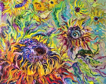 Sunflower Summer Original Oil painting 23.6x23.6 inches, Floral Art