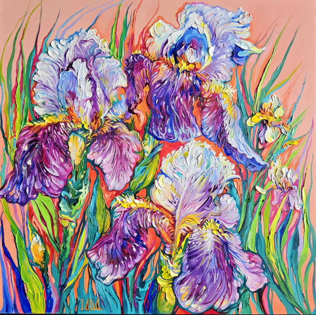 Van Gogh Irises Oil Painting on Canvas - Peach Background Floral Art 19 ...