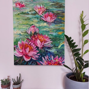 Water lily canvas painting, Monet water lilies wall decor, Claude monet pond, Water plant oil painting 27.6 by 19.7 image 9