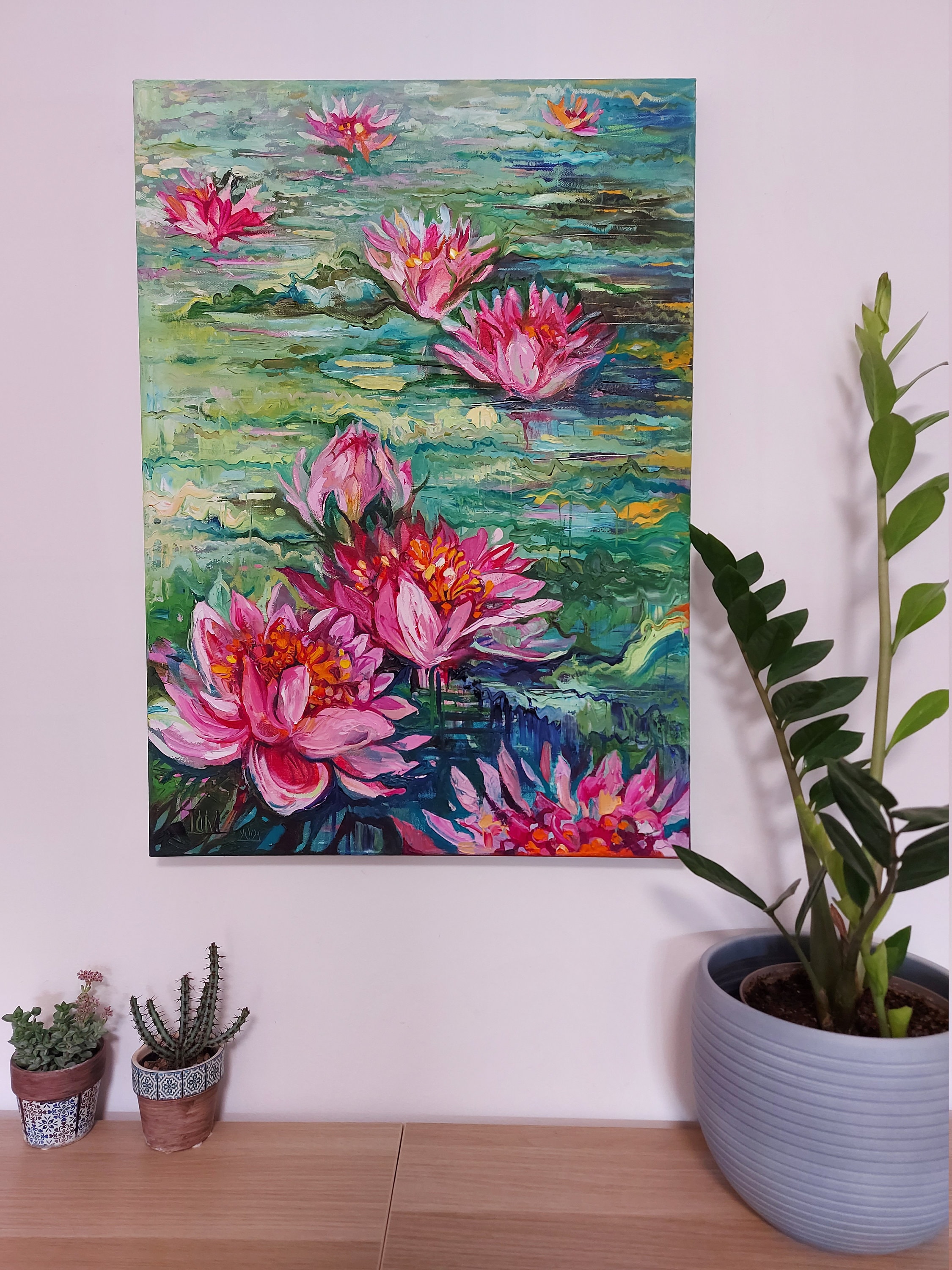 Dibujo para pintar con números Water Lily - Blooming Flowers of Pink,  Purple and Yellow Colors - Kits de pintura para adultos - Pintar por números