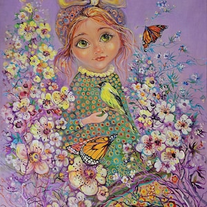 Niña mariposa monarca jilguero pájaro pintura original bebé ángel personaje de anime flores de cerezo mariposa pintura en lienzo arte ingenuo