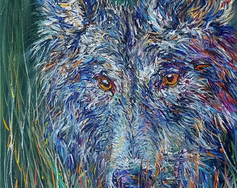 Wolf predator evil eyes canvas painting Wild animal hungry prey Hunter forest green mead grass