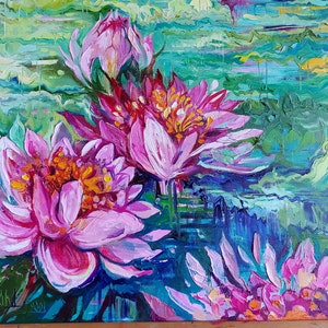 Water lily canvas painting, Monet water lilies wall decor, Claude monet pond, Water plant oil painting 27.6 by 19.7 image 5