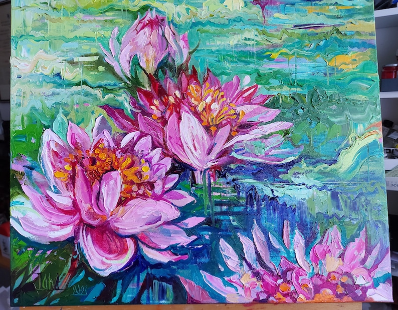 Water lily canvas painting, Monet water lilies wall decor, Claude monet pond, Water plant oil painting 27.6 by 19.7 image 5