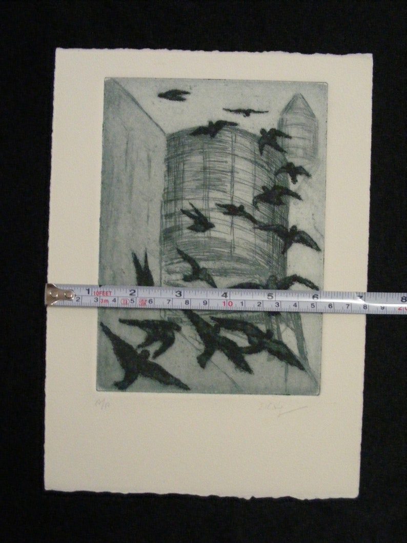 2 pieces Birds /& Watertower Lithographs 7 x 10 with birds Without birds