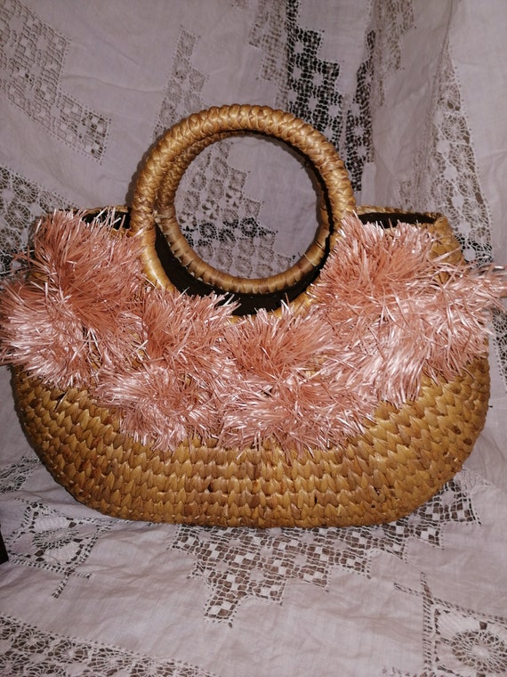 Vintage Natural Straw With Raffia Pompoms Top-Hand