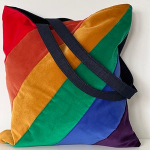 Velvet and Denim Patchwork Tote Bag in Rainbow Pride Colours