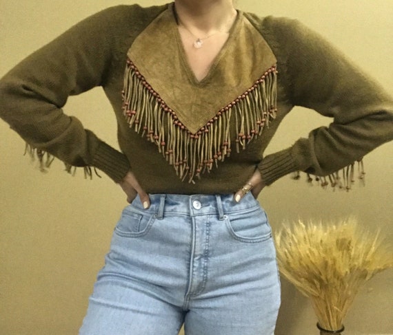 1970s Western-Style Sweater with Suede Fringe