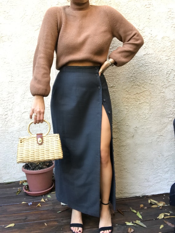 Vintage Button-Front Dark Grey Wool Skirt