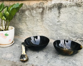 Handcrafted Buffalo Horn Bowl with Spoon, Vikings Horn Bowl, Buffalo Horn Altar Ritual Offering Bowl, Polished Horn Bowl