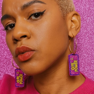 Girl Power Quote Earrings | Feminist Glitter Hoop Earrings | Funky Handmade Gift for Her | Empowerment Jewelry | Statement Earrings