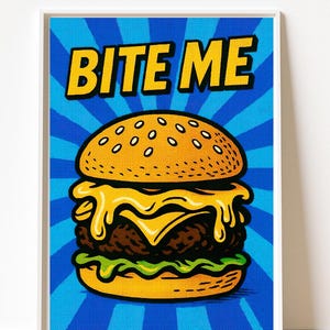 Burger Pop Art Poster “Bite Me” Funny Food Wall Art, Bold Printable Kitchen Decor,Instant Digital Download, Burger Lover Gift