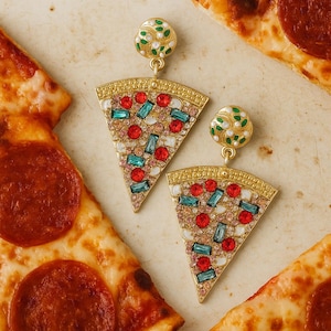 Pizza Rhinestone Earrings | Funky Statement Jewelry | Gift for Her | Sparkly Pizza Slice Earrings | Funny Birthday Gift for Foodies