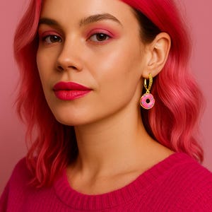 925 Silver Pink Donut Earrings | Funky Drop Earrings | Statement Donut Jewelry | Cute Gift for Her | Handmade Pink Earrings