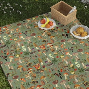 Sage Green Mushroom Picnic Blanket, Cottagecore Aesthetic Waterproof Beach or Camping Mat Blanket