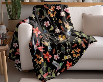 Cozy Cottagecore Decor Hummingbirds and Birds of Paradise Sherpa Fleece Throw Blanket in Black