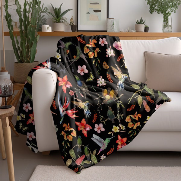 Cozy Cottagecore Decor Hummingbirds and Birds of Paradise Sherpa Fleece Throw Blanket in Black