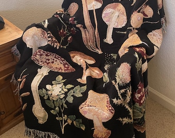 Black Mushroom Woven Blanket: Cottagecore Cotton Throw with Fringe