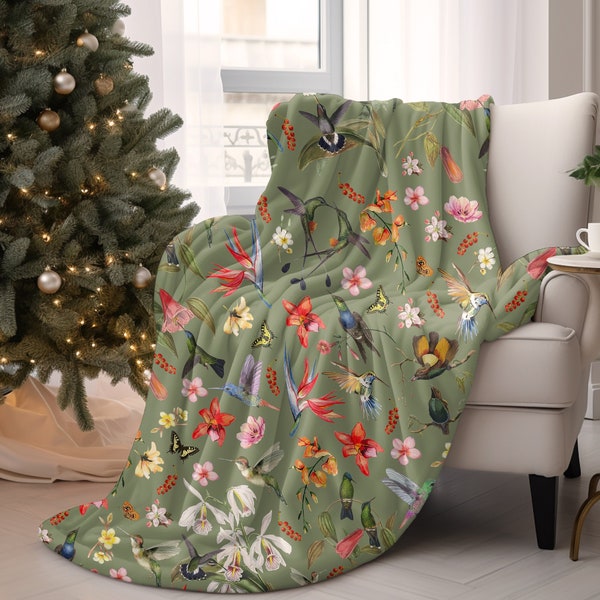 Cozy Cottagecore Decor Hummingbirds and Birds of Paradise Sherpa Fleece Throw Blanket in Sage Green