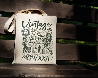 Vintage 1974 Doodle tote bag, Cute Unique 50th Birthday Cotton Tote Bag Gift For Her, Funny Nostalgia Gift For Man Woman Turning 50