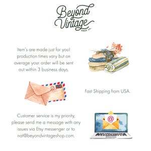 The image is a collage of three different items: an envelope, a book, and a laptop. The text above the items reads "Beyond Vintage Shop Co." and "Fast Shipping from USA." The text below the items states "Item's are made just for you. Production times vary but on average your order will be sent out within 3 business days." The text at the bottom of the image says "Fast Shipping from USA."