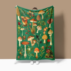 Vintage Mushroom Blanket, Emerald Green Throw, Fungi Blanket,  Supersoft Velveteen Blanket, Home Decor, Mother's Day Gift