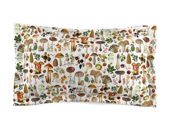 May include: A white pillowcase featuring a repeating pattern of assorted mushrooms in shades of brown, red, and white. The mushrooms are surrounded by green leaves and small red berries.