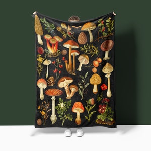 Black Vintage Mushroom Blanket Cottagecore Fall Blanket Mushroom and Fall Flowers Velveteen Blanket Dark Academia Decor
