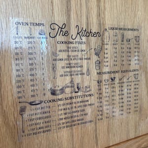 May include: A brown wooden kitchen sign with black text and illustrations. The sign includes a chart of oven temperatures in Celsius and Fahrenheit, a chart of liquid measurements in gallons, quarts, pints, cups, and tablespoons, and a chart of cooking substitutions. The sign also includes a section titled "Cooking Fixes" with tips for adjusting recipes.