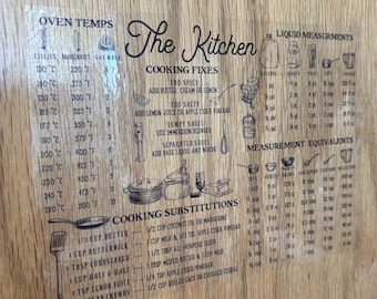 May include: A brown wooden kitchen sign with black text and illustrations. The sign includes a chart of oven temperatures in Celsius and Fahrenheit, a chart of liquid measurements in gallons, quarts, pints, cups, and tablespoons, and a chart of cooking substitutions. The sign also includes a section titled "Cooking Fixes" with tips for adjusting recipes.