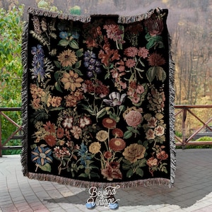 Floral Throw Blanket: Black Vintage Cotton (Woven Wall Hanging Tapestry)