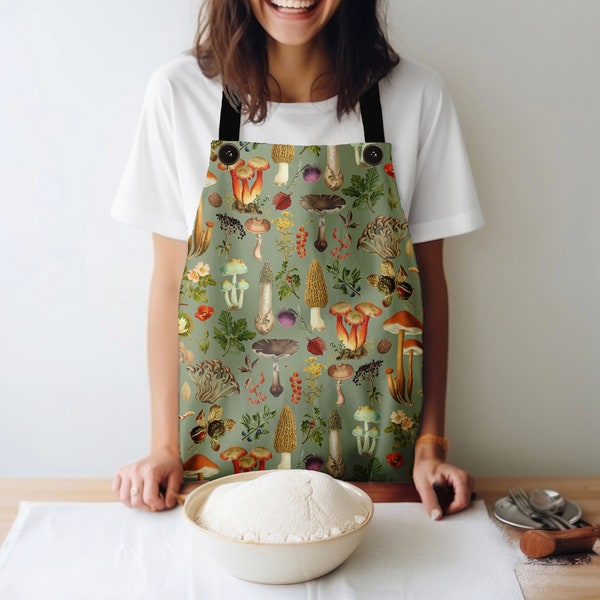 Mushroom Lover Apron Gift, Sage Green Vintage Mushroom Apron Fungi Gift for Mom Friend or Mushroom Loving Family Member, Hostess Gift