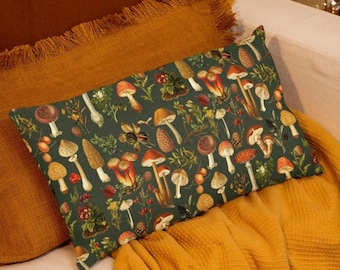 Cojín lumbar con estampado de setas verde musgo estilo cottagecore, decoración para el hogar estilo dark academia, decoración para habitaciones de adolescentes o dormitorios universitarios.