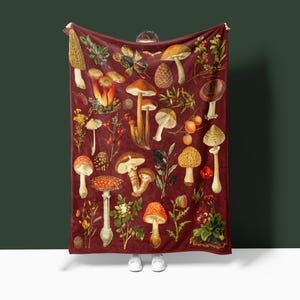 Dark Red Vintage Mushroom Blanket Cottagecore Fall Blanket Mushroom and Fall Flowers Velveteen Blanket