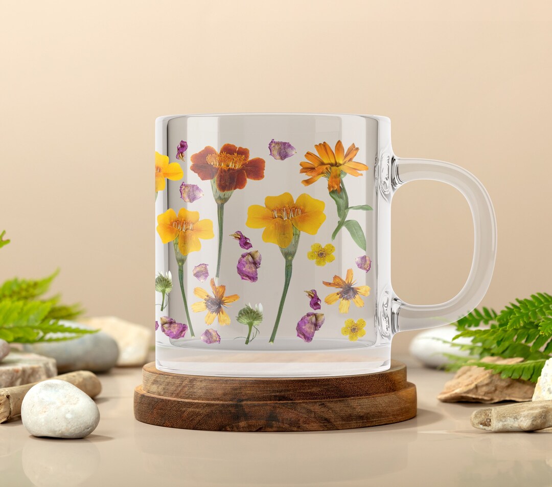 Pressed Birth Flower Glass Mug Gift for Her, Marigold October Birthday