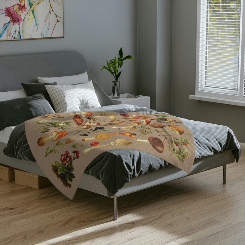 Velveteen Vintage Mushroom Blanket: Cottagecore Botanical Decor image 2