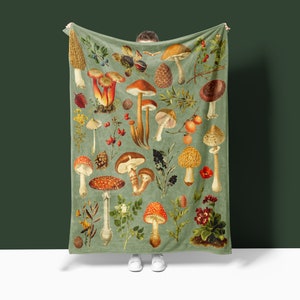 Vintage Mushroom Blanket, Sage Green Vintage Mushroom and Fall Flowers, Velveteen Blanket