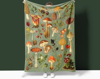 Vintage Mushroom Blanket, Sage Green Vintage Mushroom and Fall Flowers, Velveteen Blanket