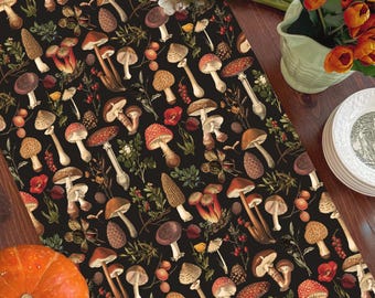 Cottagecore Black Mushroom Table Runner, Cotton Twill or Polyester, 16"x72", 16"x90