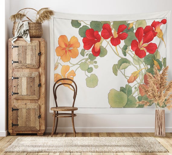 Vintage Nasturtium Wall Tapestry Floral Tapestry Wall Hanging Japanese Wood Block Art for Bedroom Wall Art College Dorm Decor Etsy