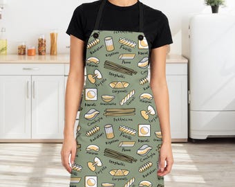 Delantal verde salvia con estampado de pasta: Regalo ideal para amantes de la gastronomía italiana.